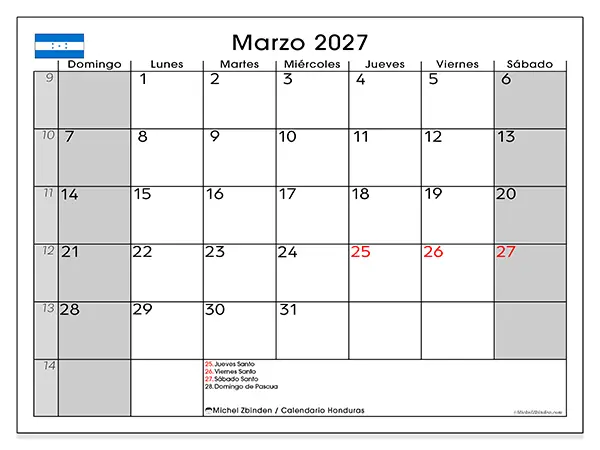Calendario de marzo de 2027 para imprimir - Honduras