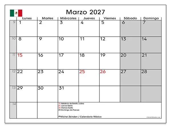 Calendario de marzo de 2027 para imprimir - México