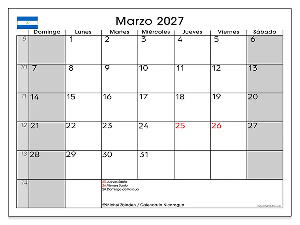Calendario de marzo de 2027 para imprimir - Nicaragua