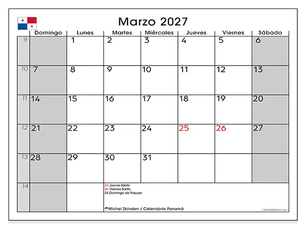 Calendario de marzo de 2027 para imprimir - Panamá