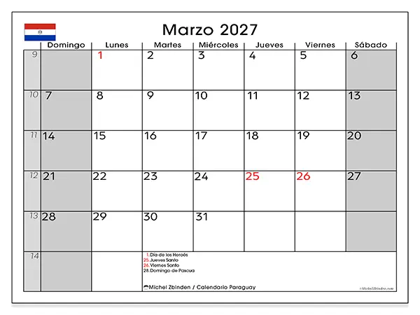 Calendario de marzo de 2027 para imprimir - Paraguay