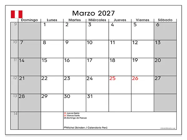 Calendario de marzo de 2027 para imprimir - Perú
