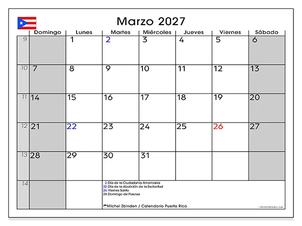 Calendario de marzo de 2027 para imprimir - Puerto Rico