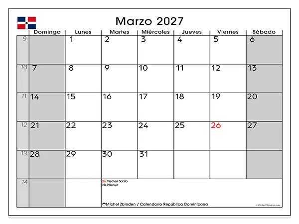 Calendario de marzo de 2027 para imprimir - República Dominicana