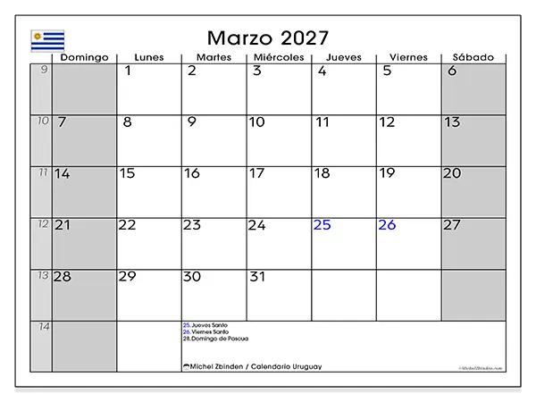 Calendario de marzo de 2027 para imprimir - Uruguay
