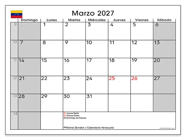 Calendario de marzo de 2027 para imprimir - Venezuela