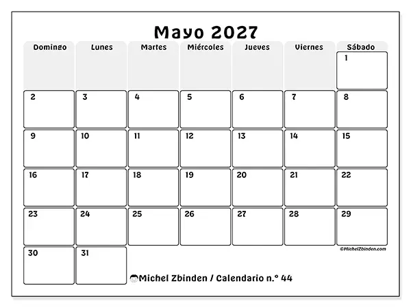 Calendario de mayo de 2027 para imprimir - Planificación estructurada - Semana de domingo a sábado