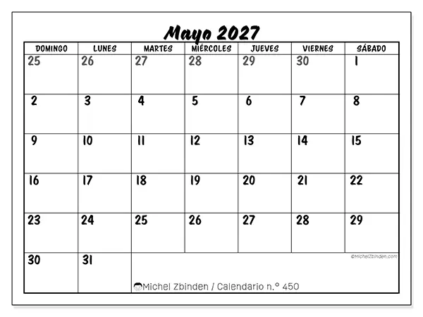 Calendario de mayo de 2027 para imprimir - Organización detallada - Semana de domingo a sábado