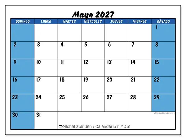 Calendario de mayo de 2027 para imprimir - Organización dinámica - Semana de domingo a sábado