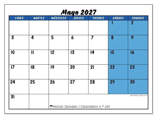 Calendario de mayo de 2027 para imprimir - Organización dinámica