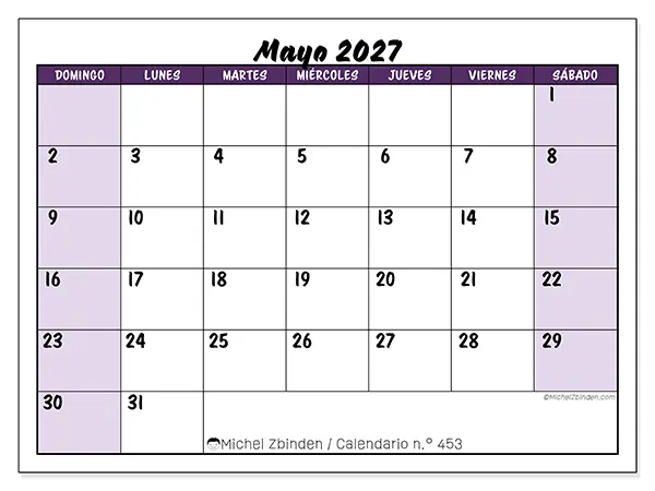 Calendario de mayo de 2027 para imprimir - Eficiencia colorida - Semana de domingo a sábado
