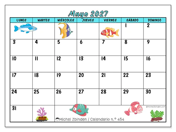 Calendario de mayo de 2027 para imprimir - Peces coloridos