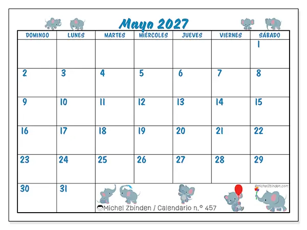 Calendario de mayo de 2027 para imprimir - Pequeños elefantes - Semana de domingo a sábado