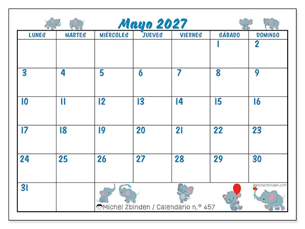 Calendario de mayo de 2027 para imprimir - Pequeños elefantes