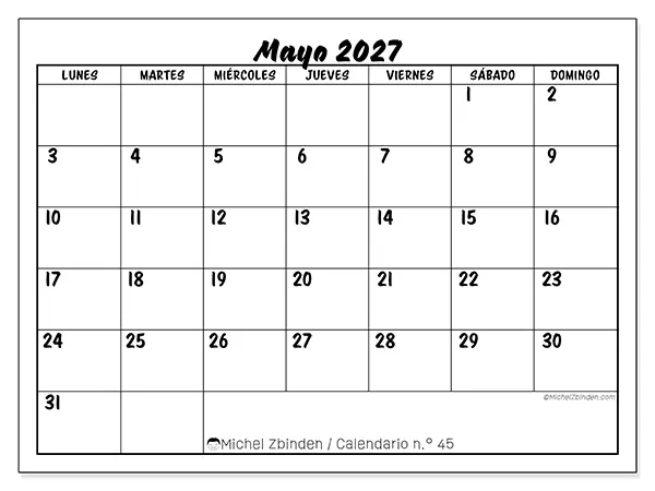 Calendario de mayo de 2027 para imprimir - Éxito escolar