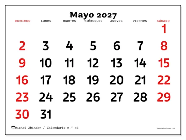Calendario de mayo de 2027 para imprimir - Visión clara - Semana de domingo a sábado