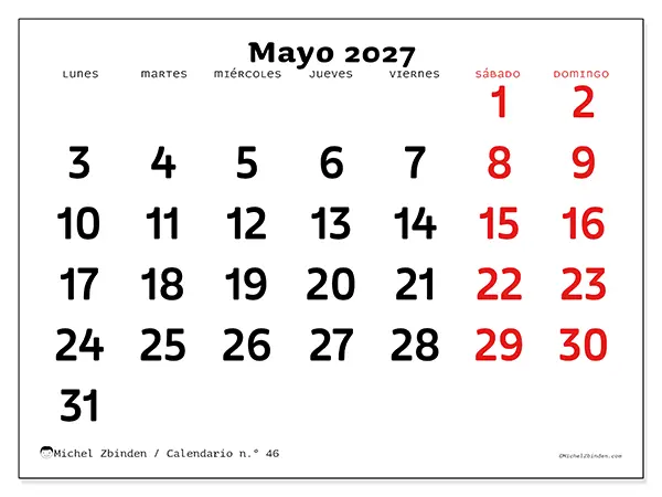 Calendario de mayo de 2027 para imprimir - Visión clara