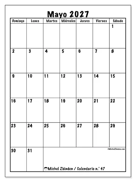 Calendario de mayo de 2027 para imprimir - Planificación eficiente - Semana de domingo a sábado