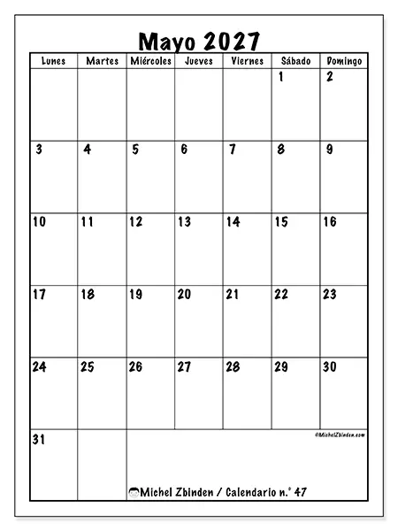 Calendario de mayo de 2027 para imprimir - Planificación eficiente