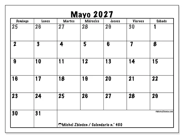 Calendario de mayo de 2027 para imprimir - Planificación completa - Semana de domingo a sábado
