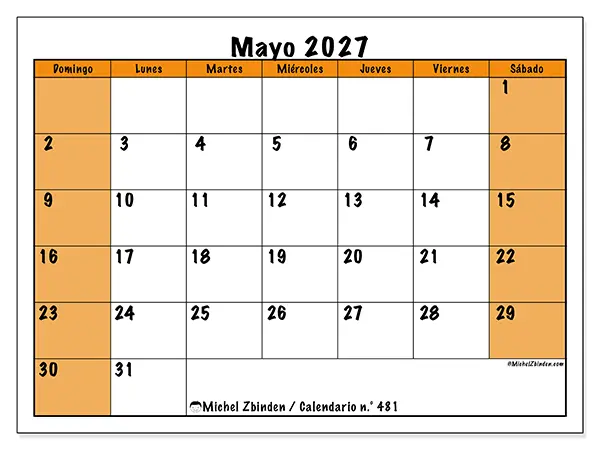 Calendario de mayo de 2027 para imprimir - Planificación dinámica - Semana de domingo a sábado