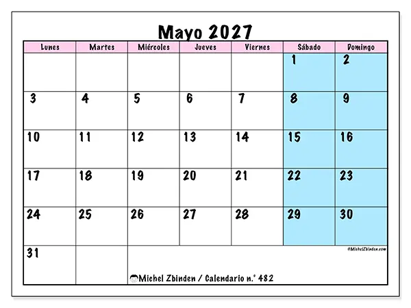 Calendario de mayo de 2027 para imprimir - Horario de equipo