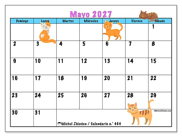 Calendario de mayo de 2027 para imprimir - Amor por los gatos - Semana de domingo a sábado