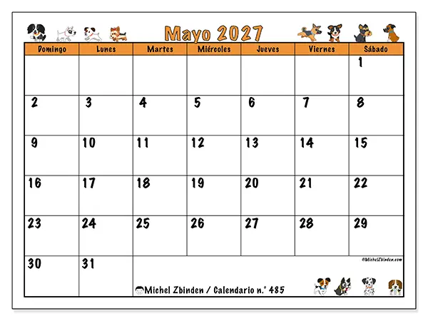 Calendario de mayo de 2027 para imprimir - Perros entusiastas - Semana de domingo a sábado