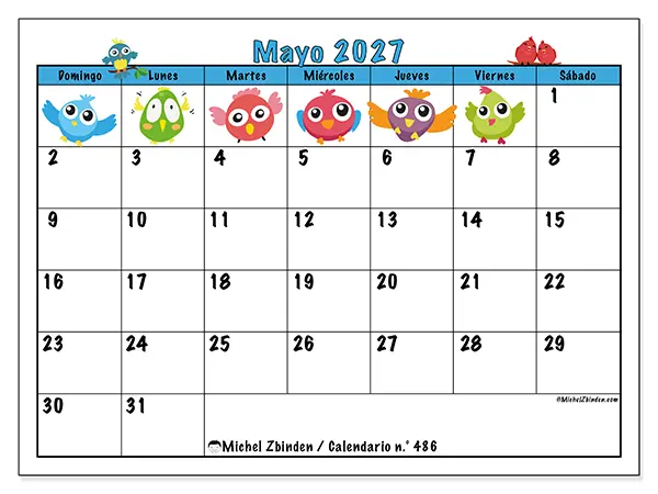 Calendario de mayo de 2027 para imprimir - Pájaros divertidos - Semana de domingo a sábado