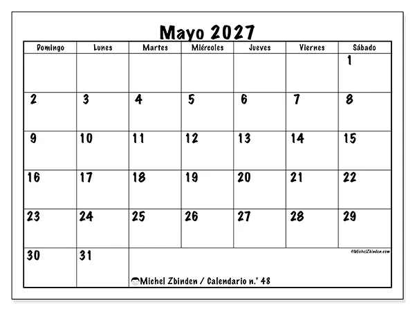 Calendario de mayo de 2027 para imprimir - Eficiencia diaria - Semana de domingo a sábado