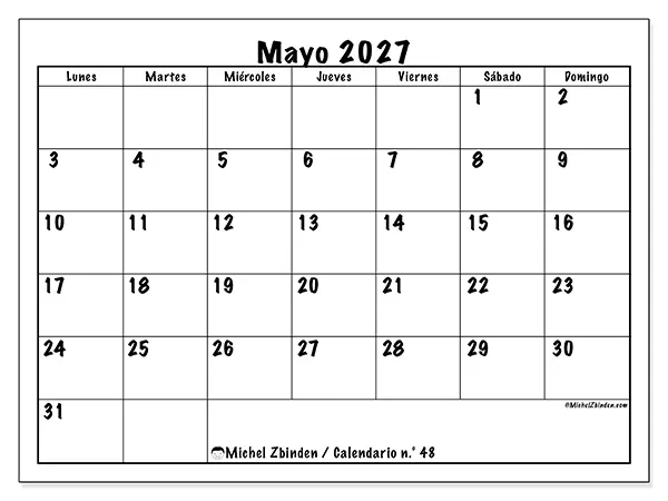 Calendario de mayo de 2027 para imprimir - Eficiencia diaria