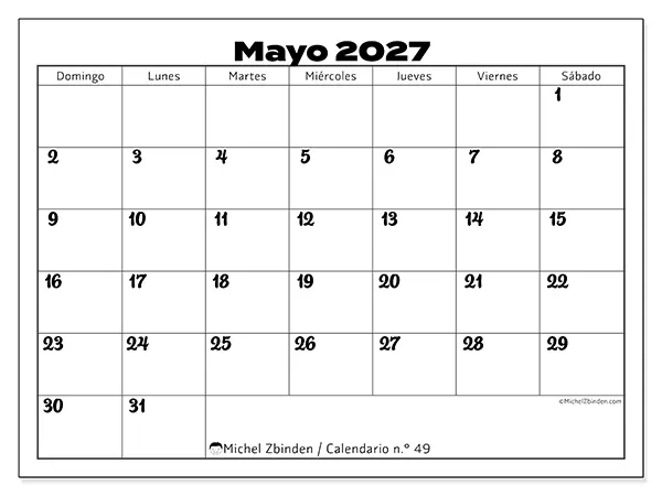 Calendario de mayo de 2027 para imprimir - Coordinación productiva - Semana de domingo a sábado