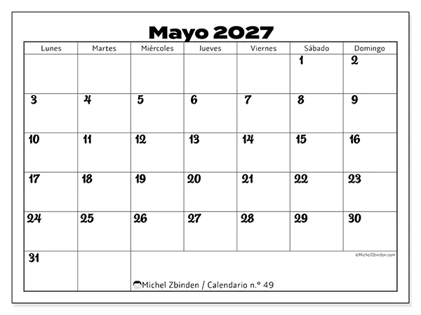 Calendario de mayo de 2027 para imprimir - Coordinación productiva