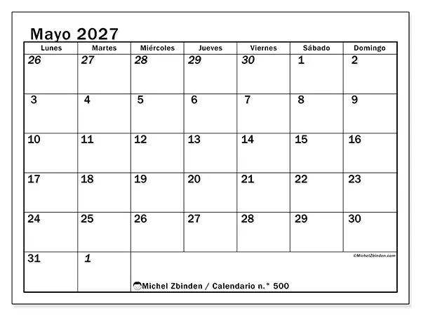 Calendario de mayo de 2027 para imprimir - Planificación intensiva