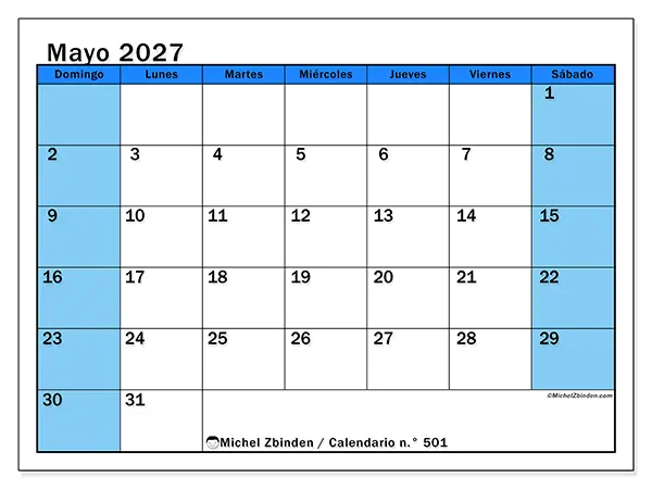 Calendario de mayo de 2027 para imprimir - Estudios dinámicos - Semana de domingo a sábado