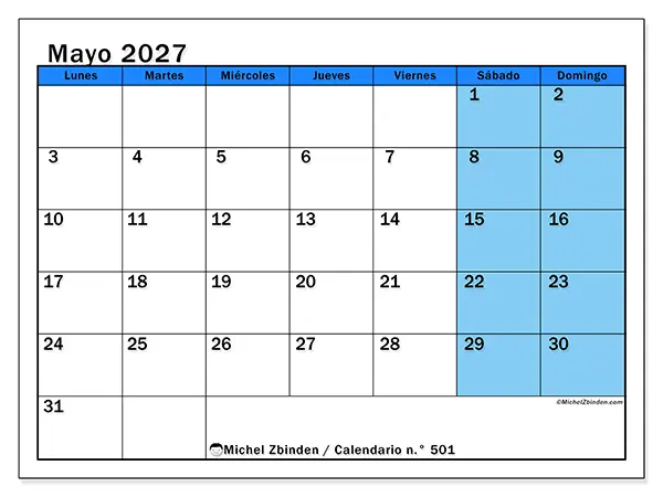 Calendario de mayo de 2027 para imprimir - Estudios dinámicos