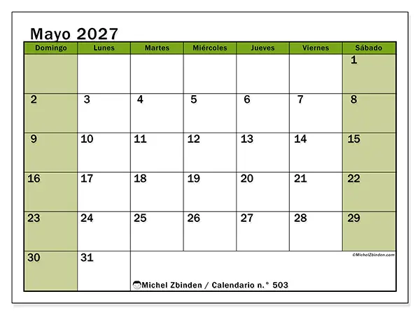 Calendario de mayo de 2027 para imprimir - Organización viva - Semana de domingo a sábado