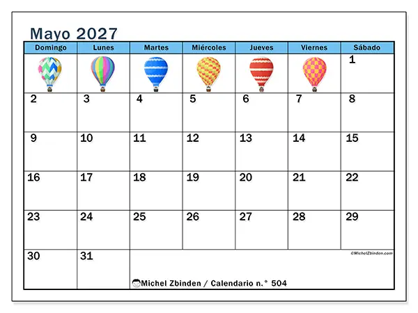 Calendario de mayo de 2027 para imprimir - Globos aerostáticos - Semana de domingo a sábado