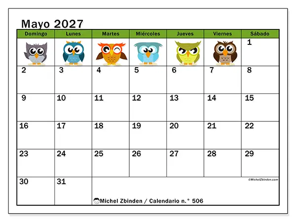 Calendario de mayo de 2027 para imprimir - Búhos divertidos - Semana de domingo a sábado