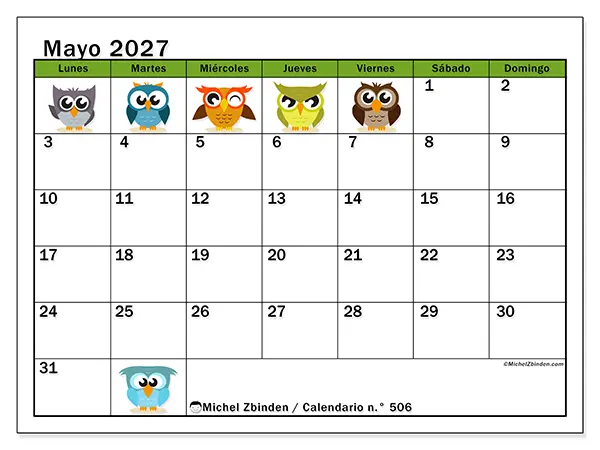 Calendario de mayo de 2027 para imprimir - Búhos divertidos