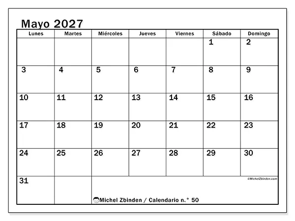 Calendario de mayo de 2027 para imprimir - Planificación óptima