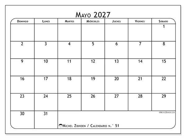Calendario de mayo de 2027 para imprimir - Planificador de comidas - Semana de domingo a sábado