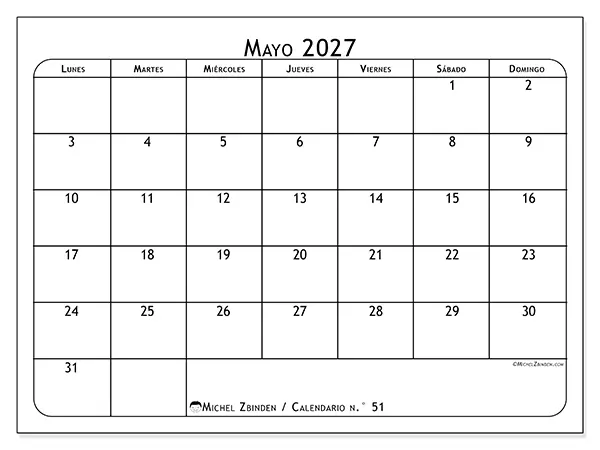 Calendario de mayo de 2027 para imprimir - Planificador de comidas