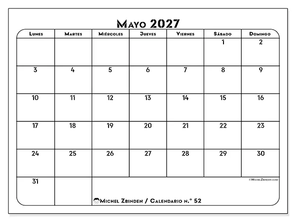 Calendario de mayo de 2027 para imprimir - Organización profesional