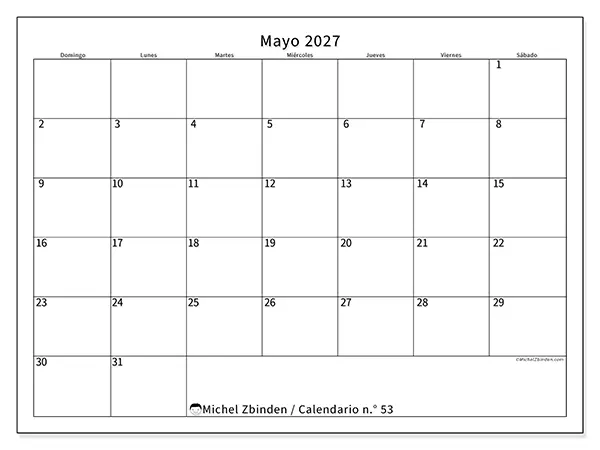 Calendario de mayo de 2027 para imprimir - Horario eficiente - Semana de domingo a sábado