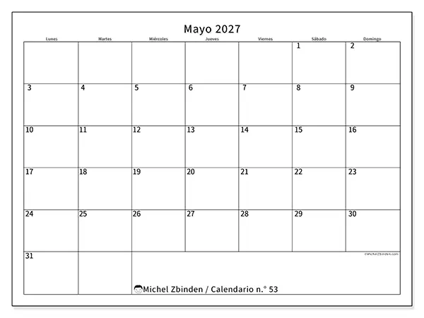 Calendario de mayo de 2027 para imprimir - Horario eficiente