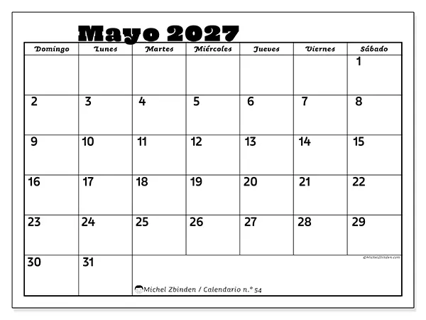 Calendario de mayo de 2027 para imprimir - Actividades en familia - Semana de domingo a sábado