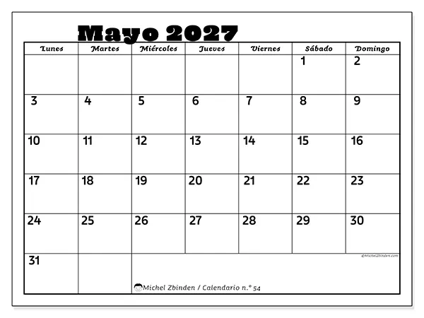 Calendario de mayo de 2027 para imprimir - Actividades en familia