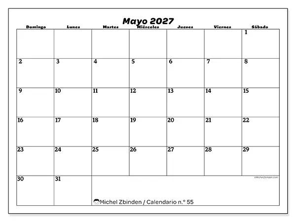 Calendario de mayo de 2027 para imprimir - Organización del ocio - Semana de domingo a sábado