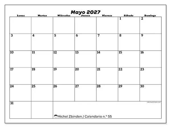 Calendario de mayo de 2027 para imprimir - Organización del ocio